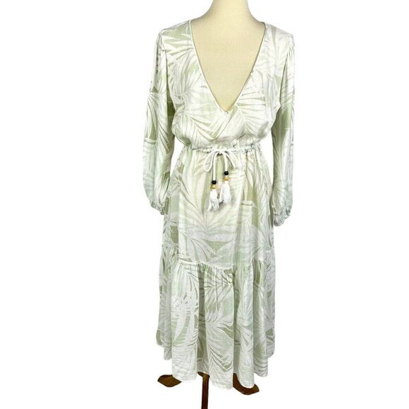Cynthia Rowley Green Linen Blend Kaftan Midi Dress Cover Up Tropical Beach Small - Picture 1 of 10